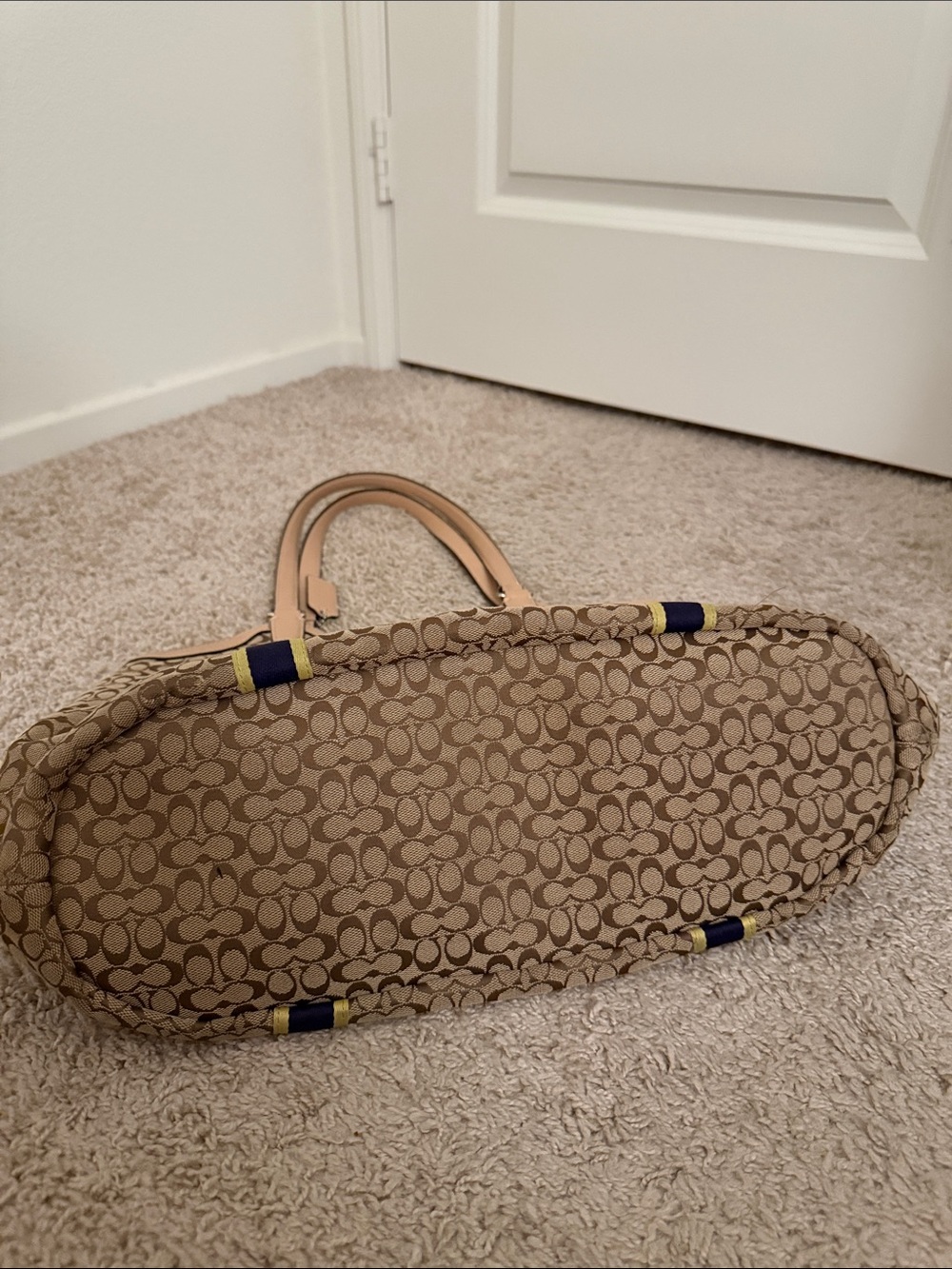 Coach Canvas Tote with Navy & Yellow Stripe Accents - Picture 4 of 16